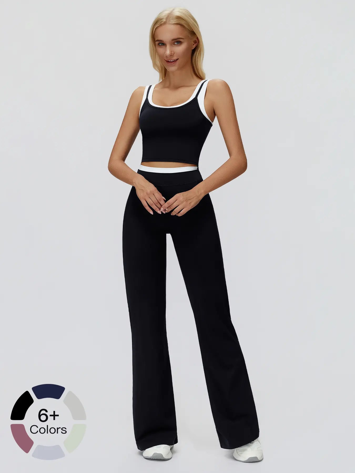 Women's Two-Piece Colorblock Yoga Set, High-Waisted Ribbed Casual Fitness Sportswear