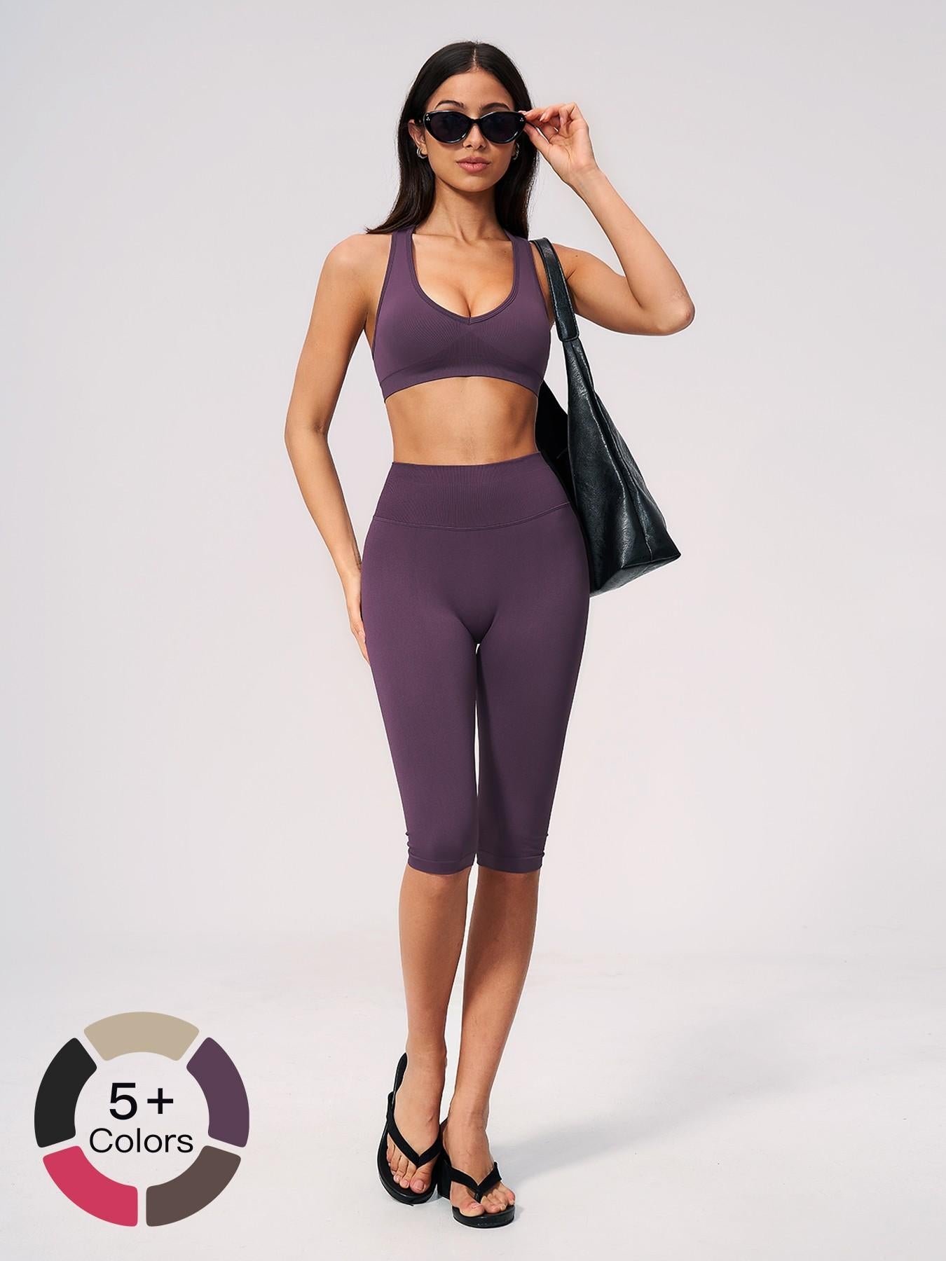 Seamless Yoga Workout Set, V-Neck Tight Fit Quick-Dry Moisture-Wicking High Waist Butt Lifting Sports… - image 13
