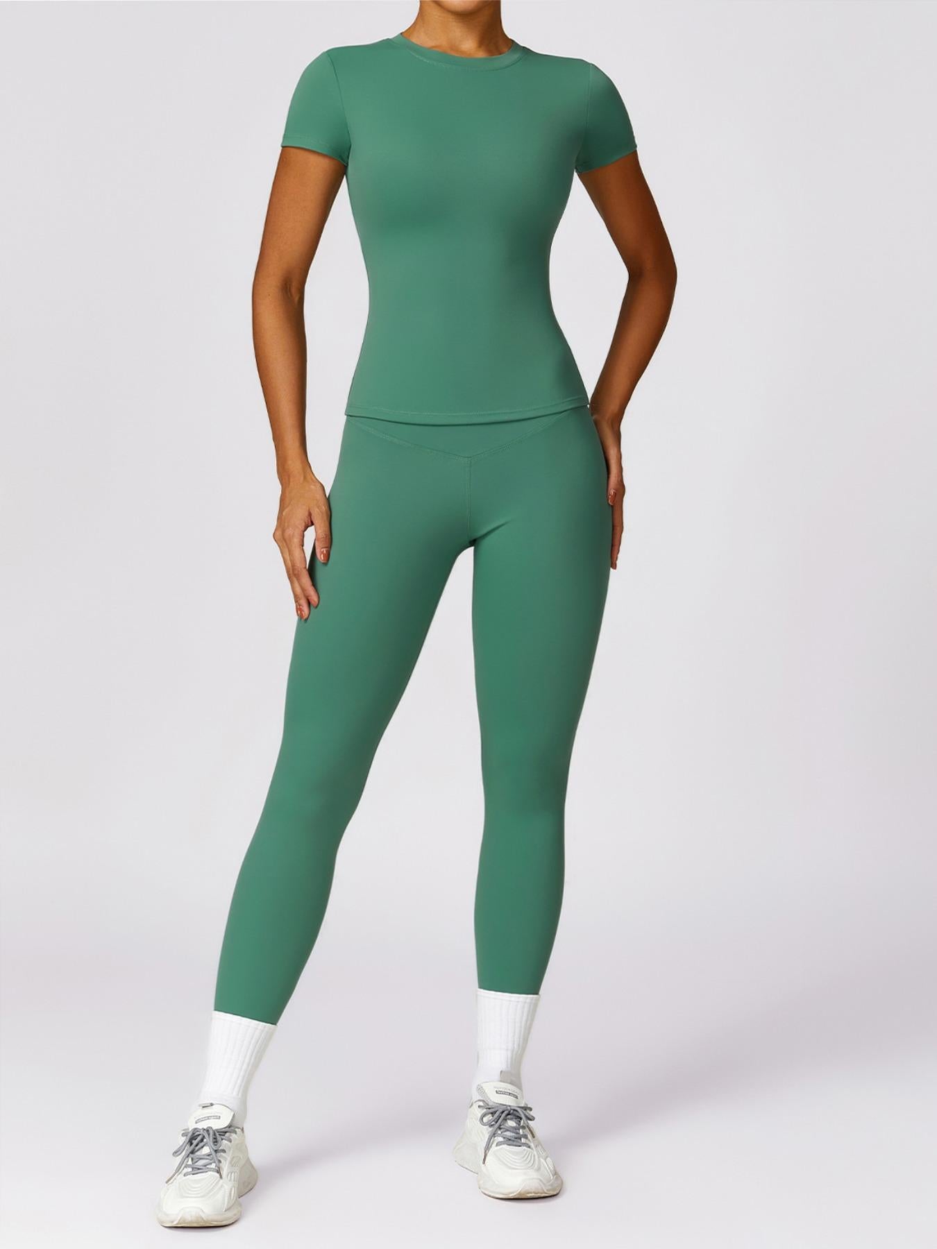 Women's Plain Round Neck Crop Tee & High Waist Leggings Tracksuit Set, Athleisure Workout Set - image 15