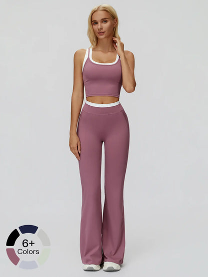 Women's Two-Piece Colorblock Yoga Set, High-Waisted Ribbed Casual Fitness Sportswear