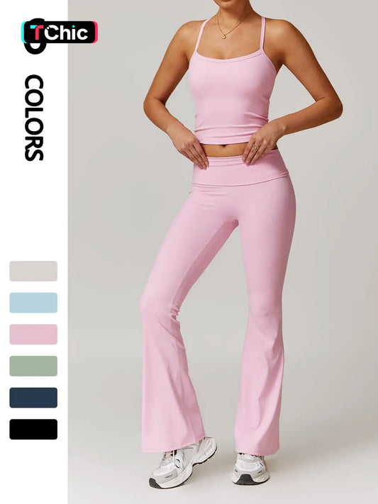 Sporty Two-Piece Set Women's Plain Crop Cami Top & Flare Leg Pants Sports Set, Activewear Fitness…