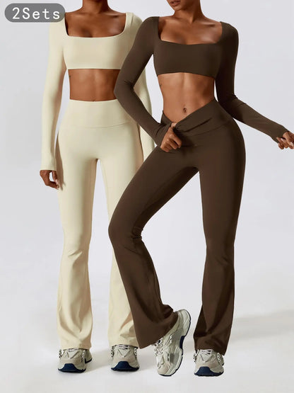 Women's Solid Square Neck Crop Top & High Waist Flare Leg Pants Tracksuit Set, Sporty Comfy…