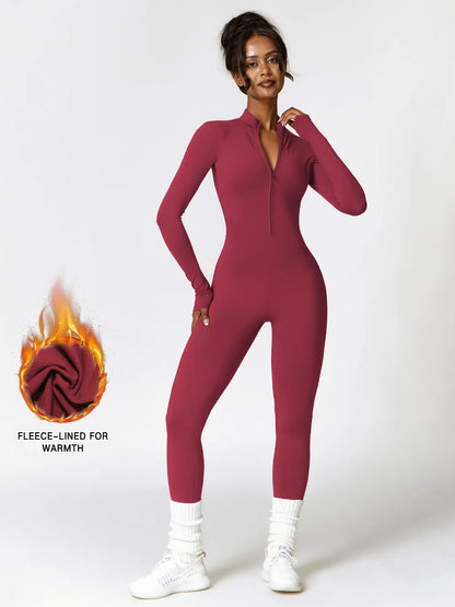 Women's Solid Zip-up Skiing Jumpsuit - Sporty Activewear