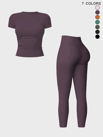 Women's Plain Round Neck Crop Tee & High Waist Leggings Tracksuit Set, Activewear Set - image 3