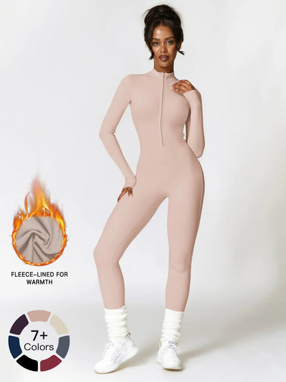 Women's Solid Zip-up Skiing Jumpsuit - Sporty Activewear