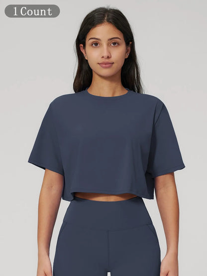 Women's Sporty Short Sleeve Yoga Top, Loose Fit Round Neck Crop Tee - image 5