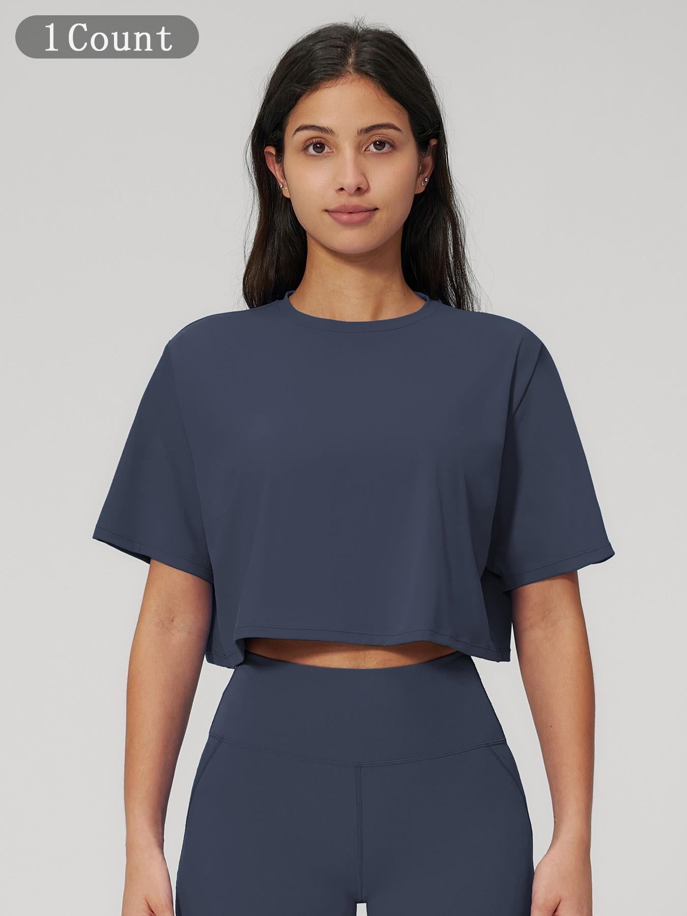 Women's Sporty Short Sleeve Yoga Top, Loose Fit Round Neck Crop Tee - image 20