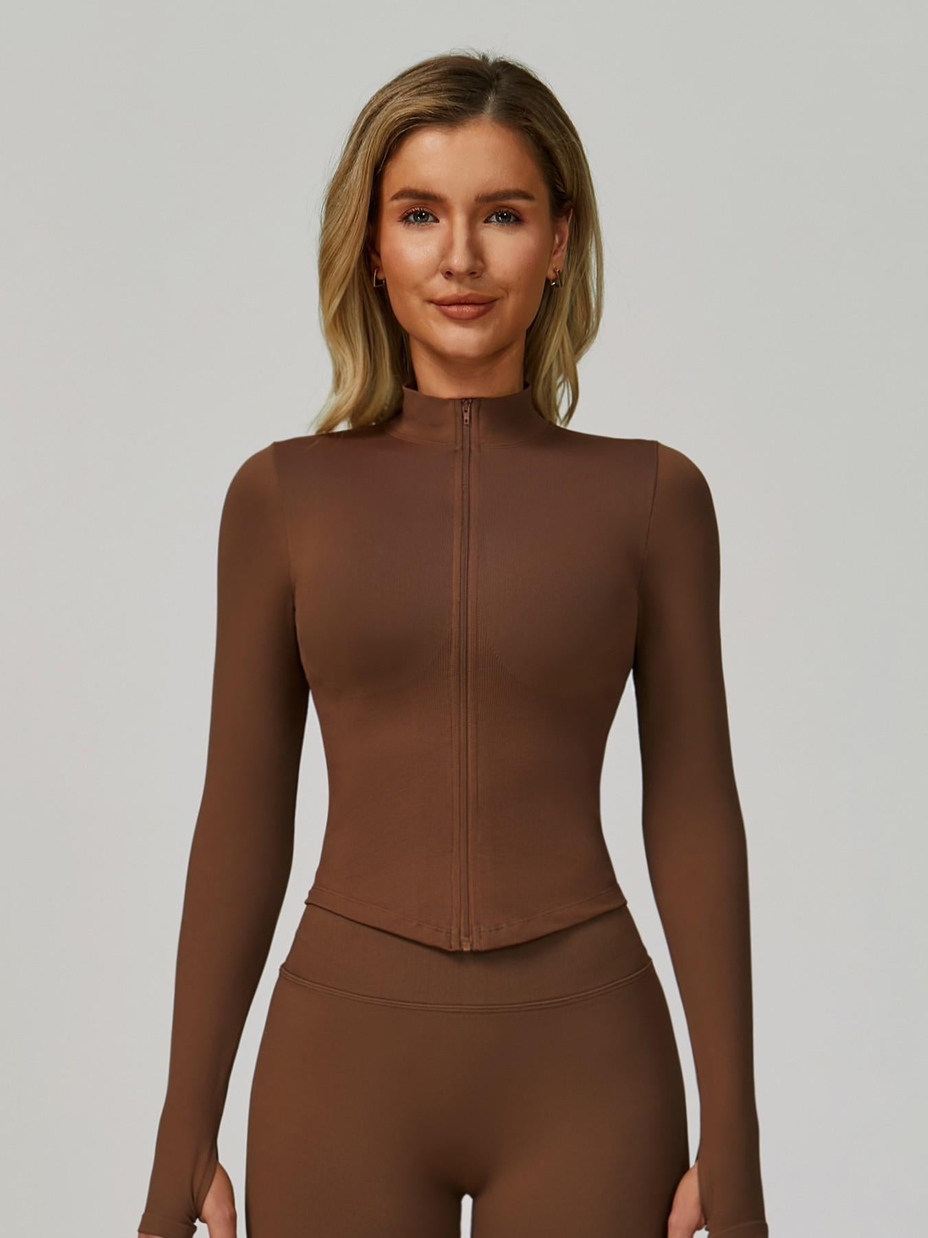 Women's Stand Collar Zipper Long Sleeve Yoga Jacket, Tight Fit Quick-Dry Yoga Wear - image 15