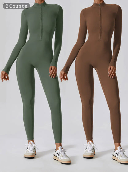 Women's Solid Zip Up Long Sleeve Sports Jumpsuit