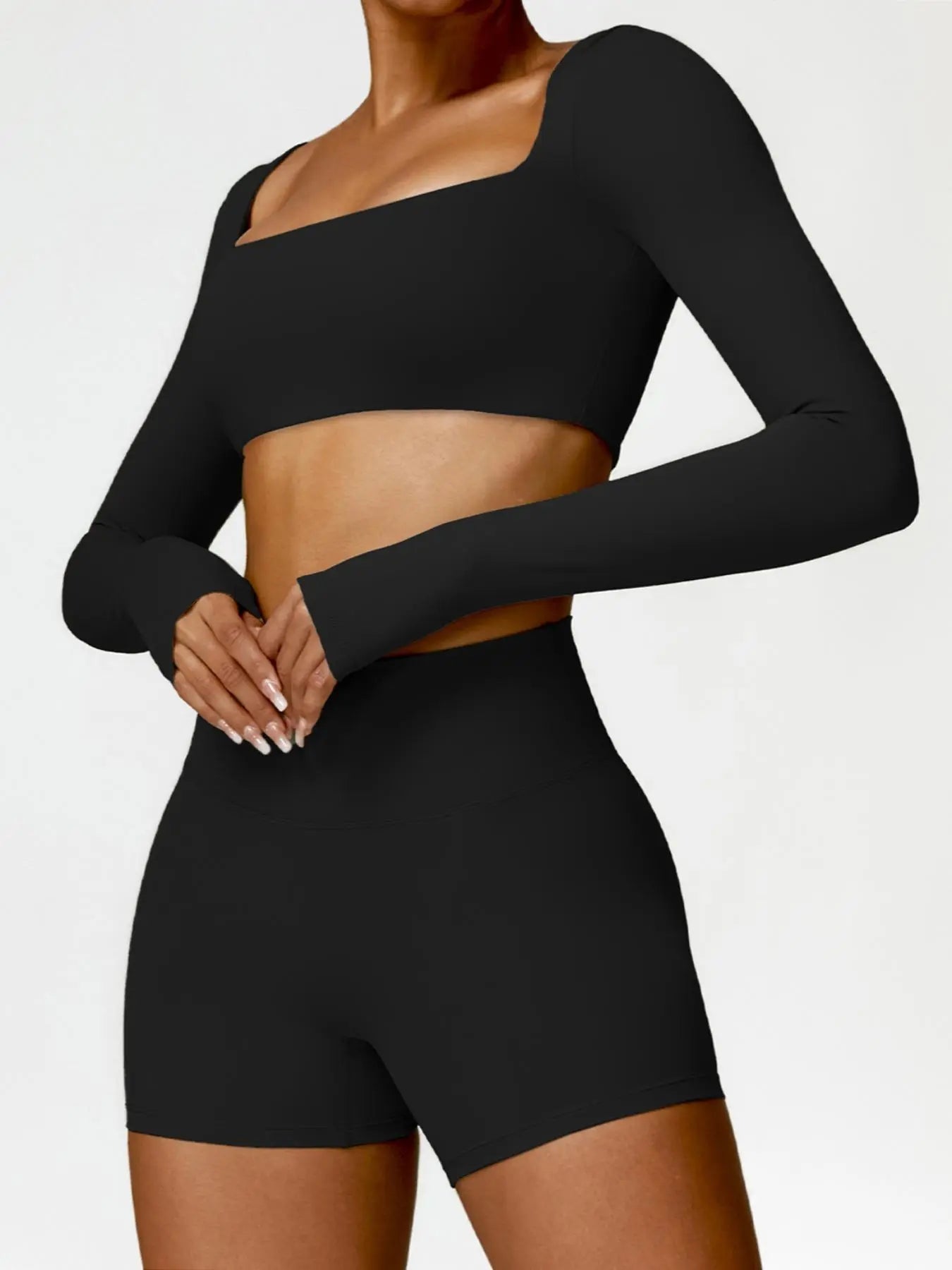 Women's Solid Long Sleeve Crop Tee & High Waist Shorts Tracksuit Set, Sporty Square Neck Top & Short… - image 3