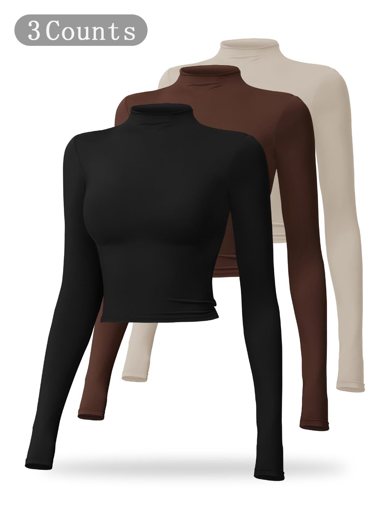 Women's Solid Mock Neck Sports Tee, Quick-Dry Breathable Long Sleeve T-Shirt for Yoga - image 29