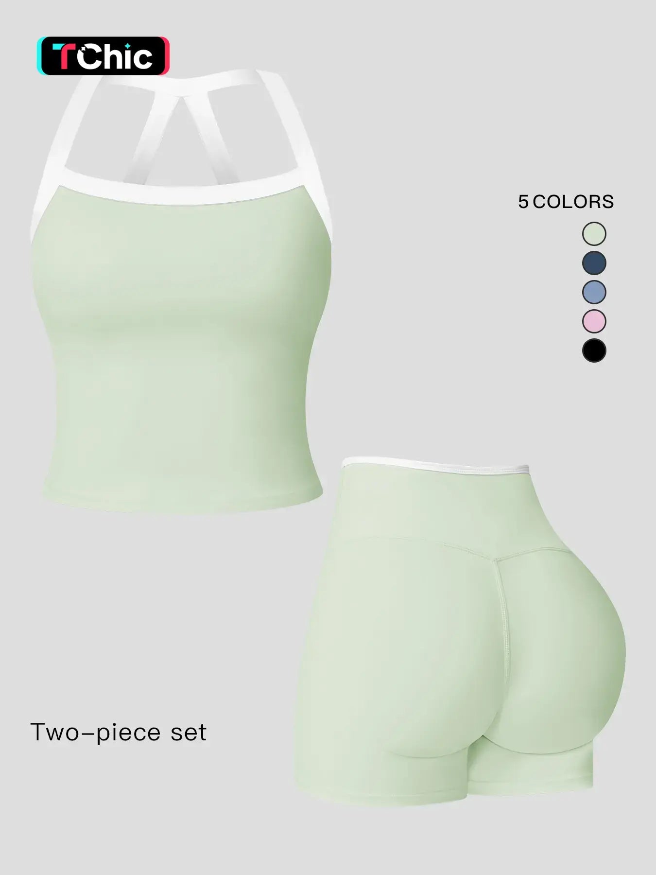 Women's Athletic Yoga Set, Sporty Plain Colorblock Crisscross Backless Crop Top & Tight-Fitting Shorts