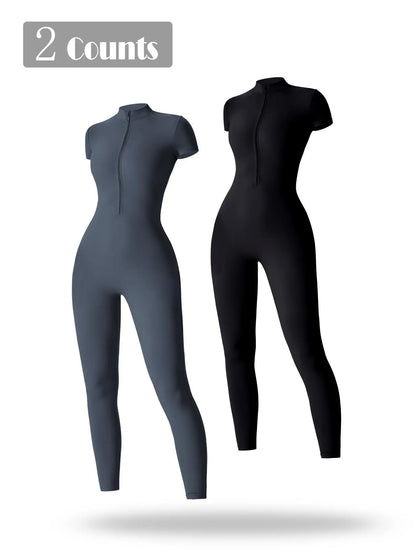 Women's Solid Short Sleeve Half Zip Sports Jumpsuit, Stretchy Jumpsuit