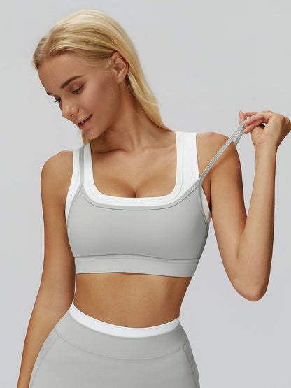 Cross-Border Nude Feel Fake Two-Piece Sports Bra, Ribbed Colorblock Yoga Bra - image 11