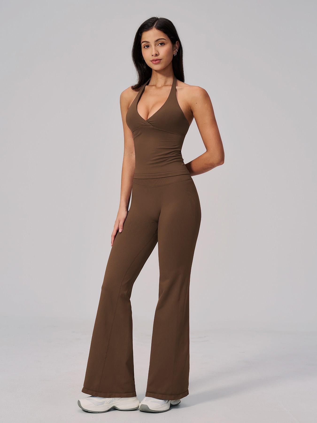 V-Neck Yoga Set for Women, Halter Neck Slim Fit Backless Vertical Ribbed Sports Fitness Yoga Wear - image 15
