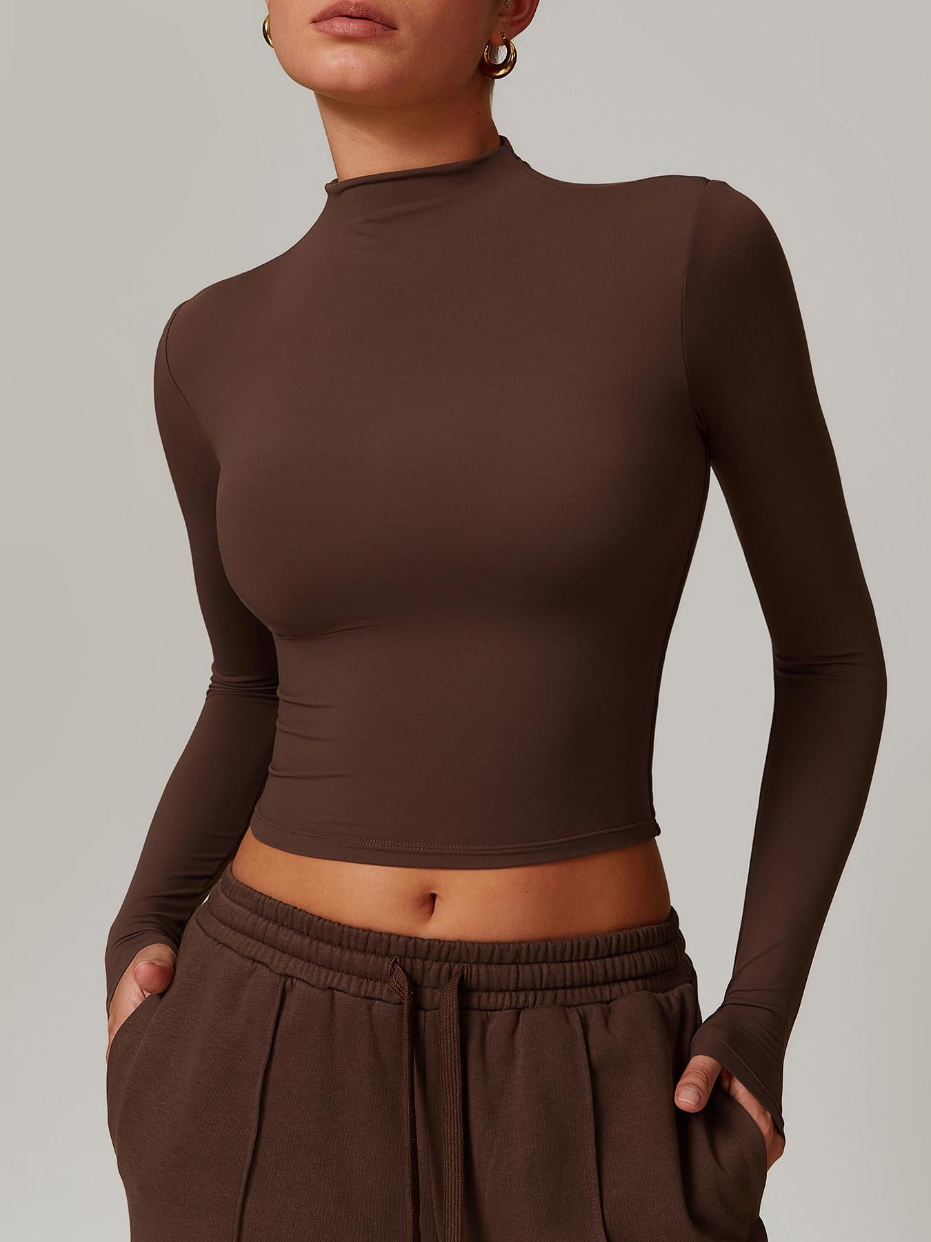 Women's Solid Mock Neck Sports Tee, Quick-Dry Breathable Long Sleeve T-Shirt for Yoga - image 17