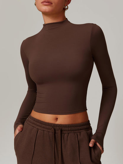 Women's Solid Mock Neck Sports Tee, Quick-Dry Breathable Long Sleeve T-Shirt for Yoga - image 17