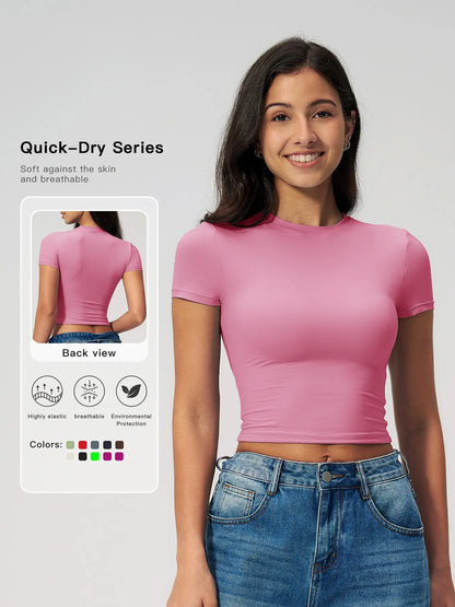 Women's Plain Round Neck Crop Sports Tee, Sporty Casual Tight-fitting Short Sleeve T-shirt for Yoga…