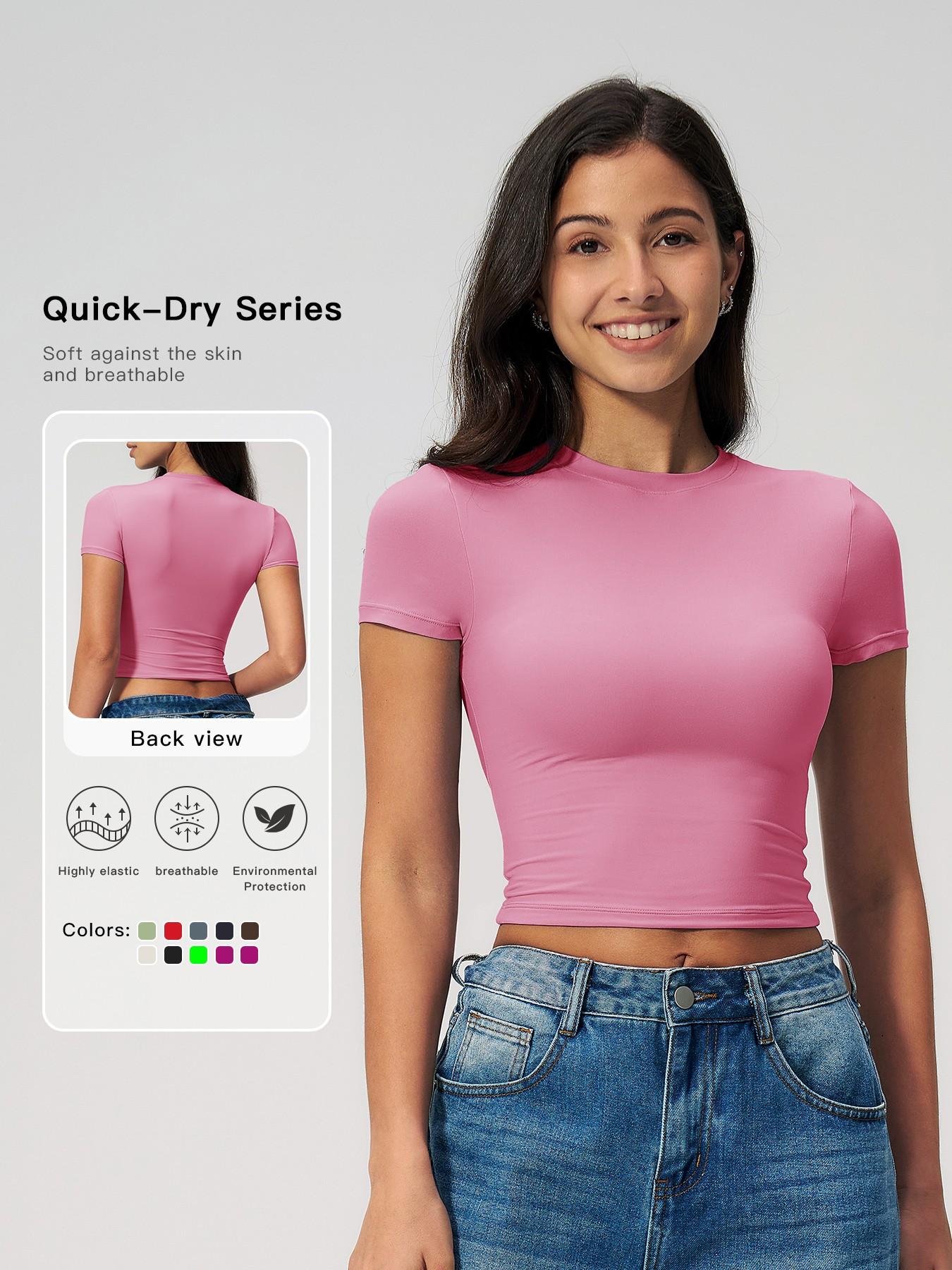 Women's Plain Round Neck Crop Sports Tee, Sporty Casual Tight-fitting Short Sleeve T-shirt for Yoga… - image 11