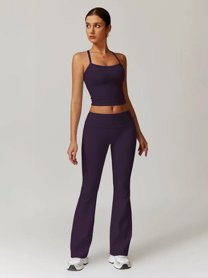Sporty Two-Piece Set Women's Plain Crop Cami Top & Flare Leg Pants Sports Set, Activewear Fitness…