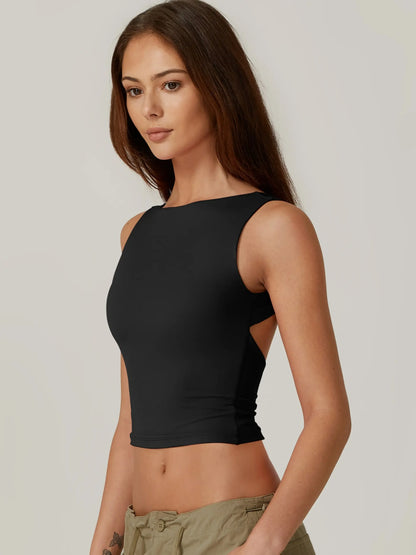 QINSEN Women's Sexy Open Back Sleeveless Crop Tank High Neck Slim Fit Cropped Tee Shirt…