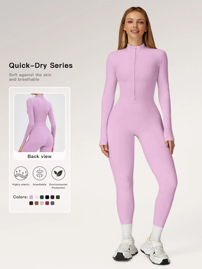 Women's Solid Zip-up Skiing Jumpsuit - Sporty Activewear