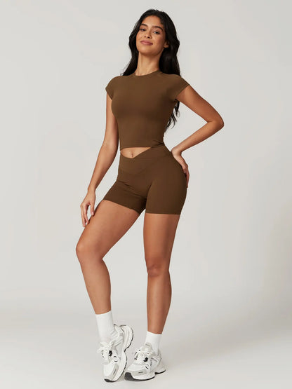 Two-Piece Set Women's Solid Raglan Sleeve Crop Top & High Waist Shorts Tracksuit Set, Sporty Plain… - image 6