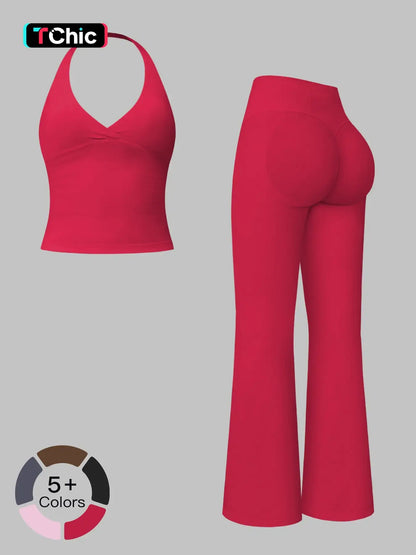 V-Neck Yoga Set for Women, Halter Neck Slim Fit Backless Vertical Ribbed Sports Fitness Yoga Wear