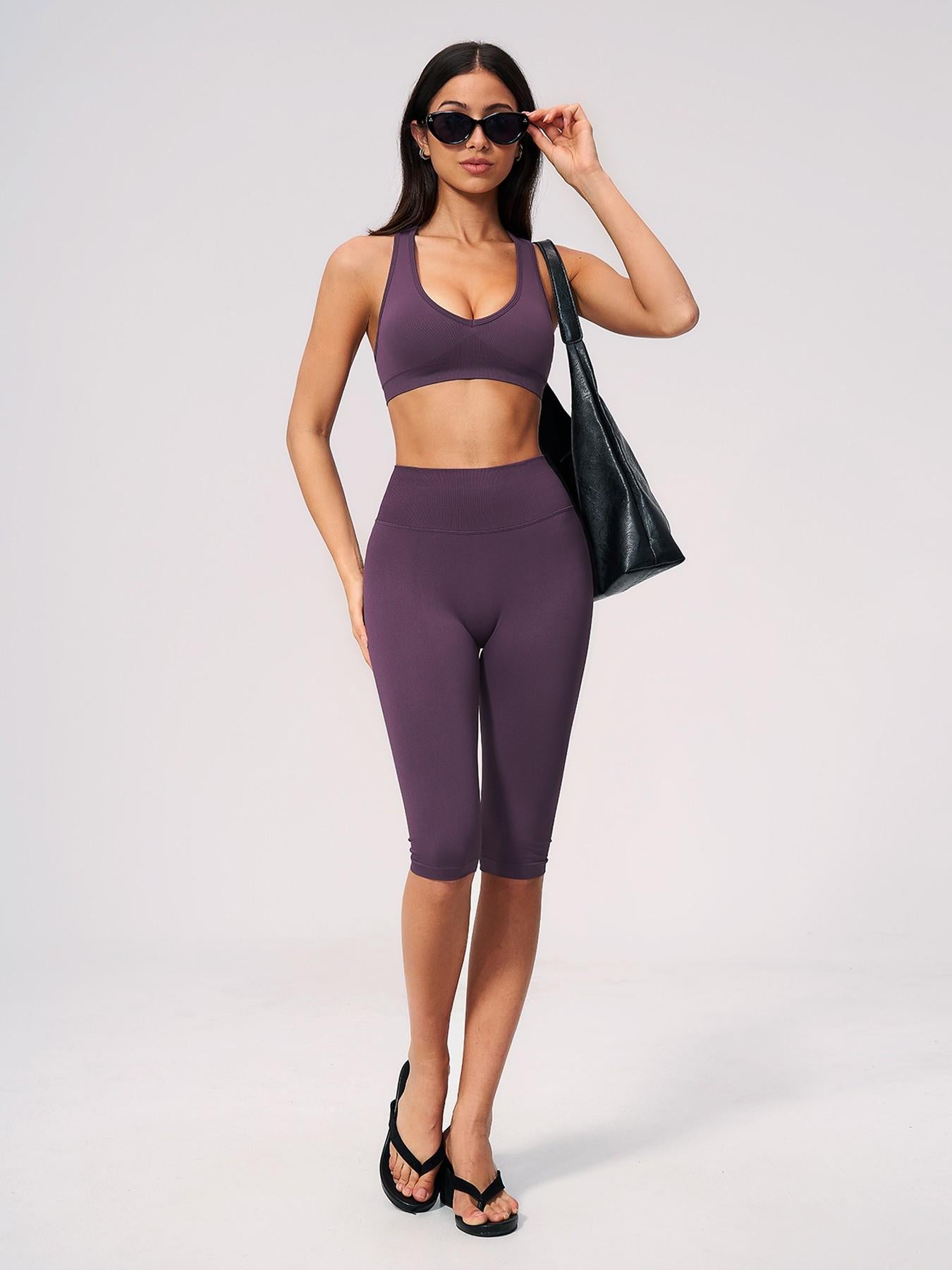 Seamless Yoga Workout Set, V-Neck Tight Fit Quick-Dry Moisture-Wicking High Waist Butt Lifting Sports… - image 14