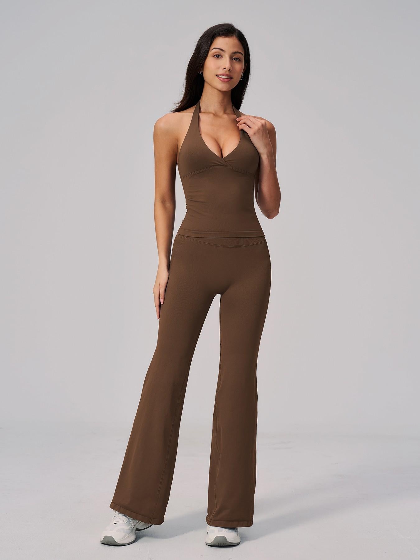 V-Neck Yoga Set for Women, Halter Neck Slim Fit Backless Vertical Ribbed Sports Fitness Yoga Wear - image 14