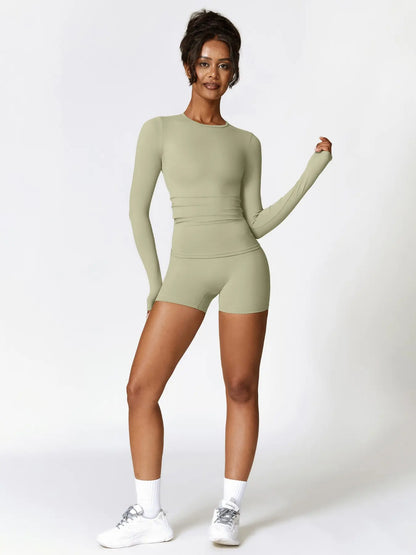 Women's Solid Round Neck Sports Tee & High Waist Shorts Set