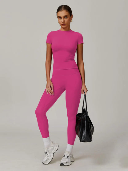 Women's Solid Color Top & High Waist Leggings Sports Set, Casual Comfy Breathable Two-piece Sports…