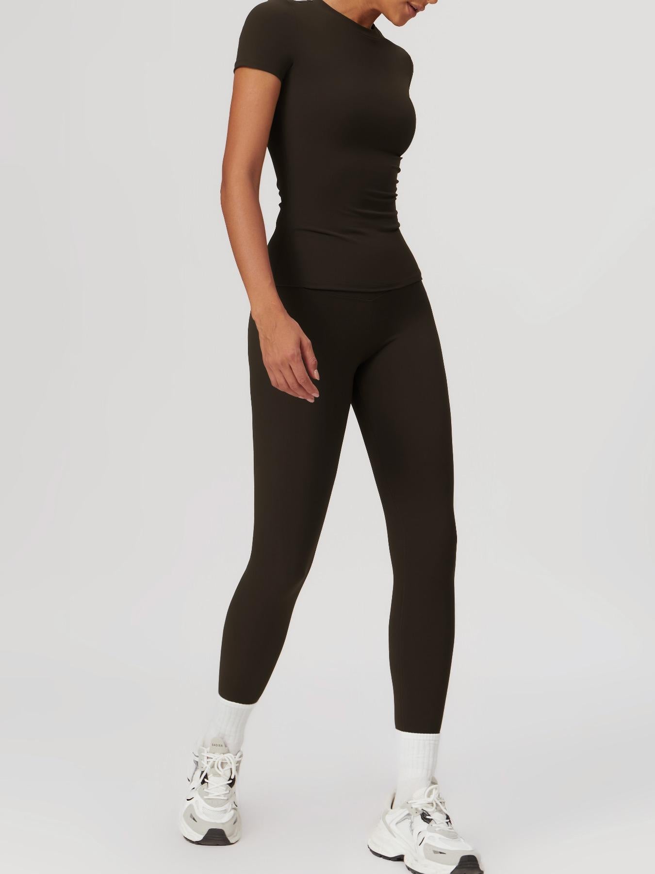 Women's Plain Round Neck Crop Tee & High Waist Leggings Tracksuit Set, Athleisure Workout Set - image 19