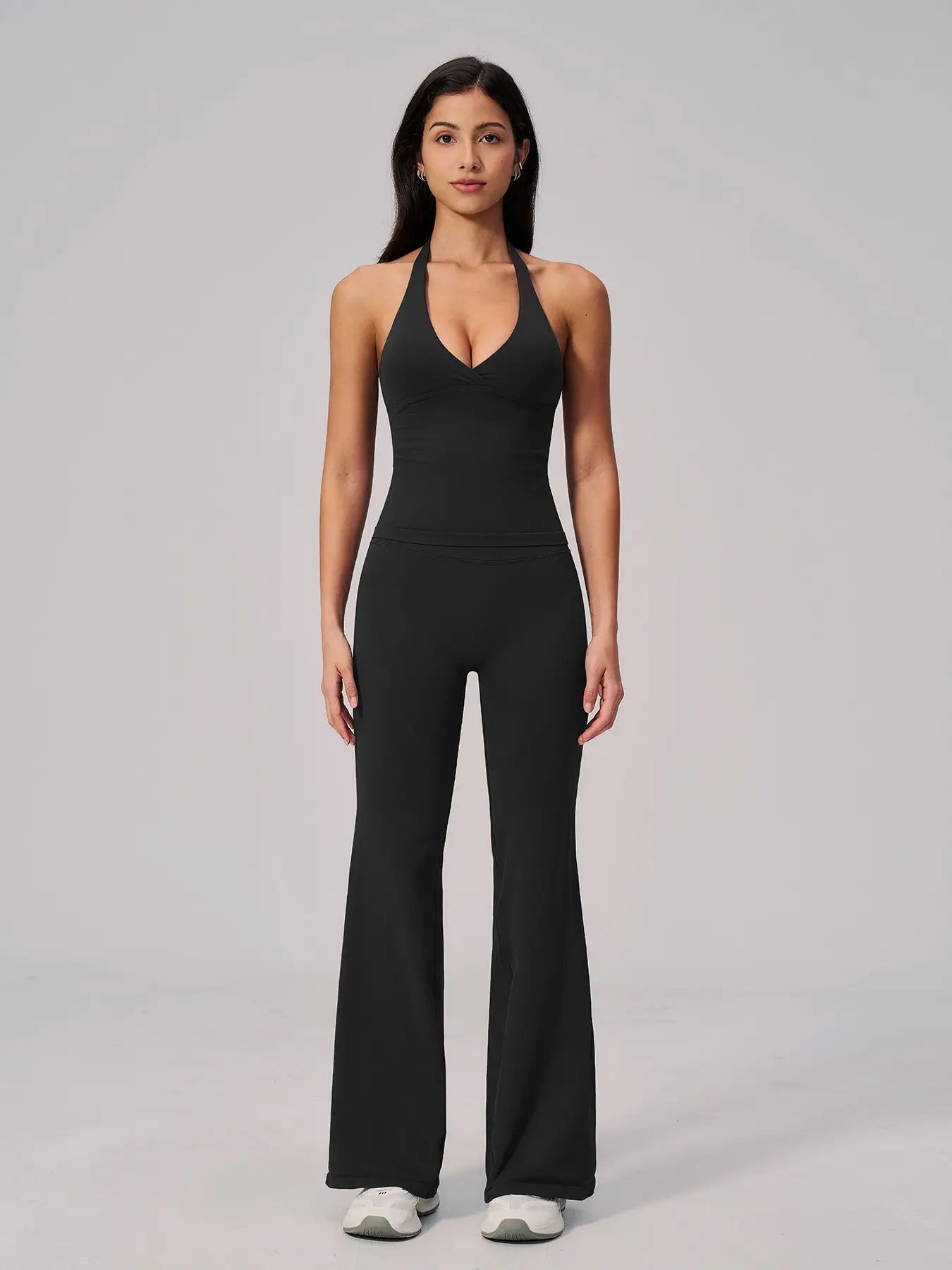 V-Neck Yoga Set for Women, Halter Neck Slim Fit Backless Vertical Ribbed Sports Fitness Yoga Wear - image 9