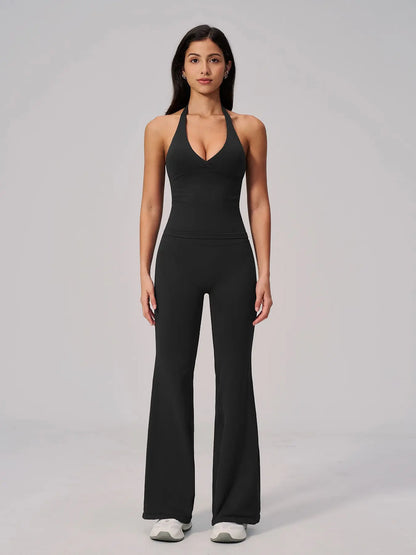 V-Neck Yoga Set for Women, Halter Neck Slim Fit Backless Vertical Ribbed Sports Fitness Yoga Wear - image 9