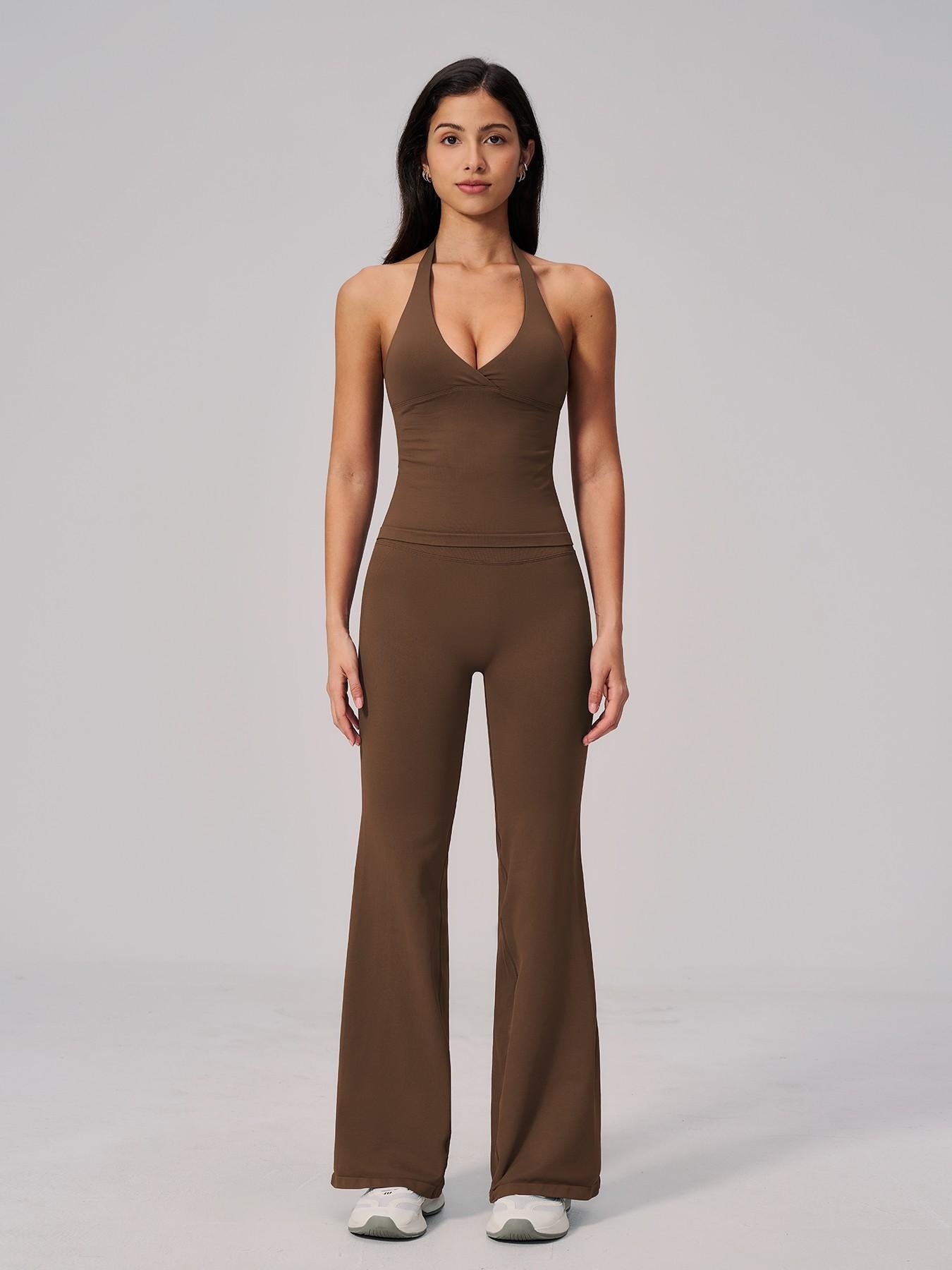 V-Neck Yoga Set for Women, Halter Neck Slim Fit Backless Vertical Ribbed Sports Fitness Yoga Wear - image 13