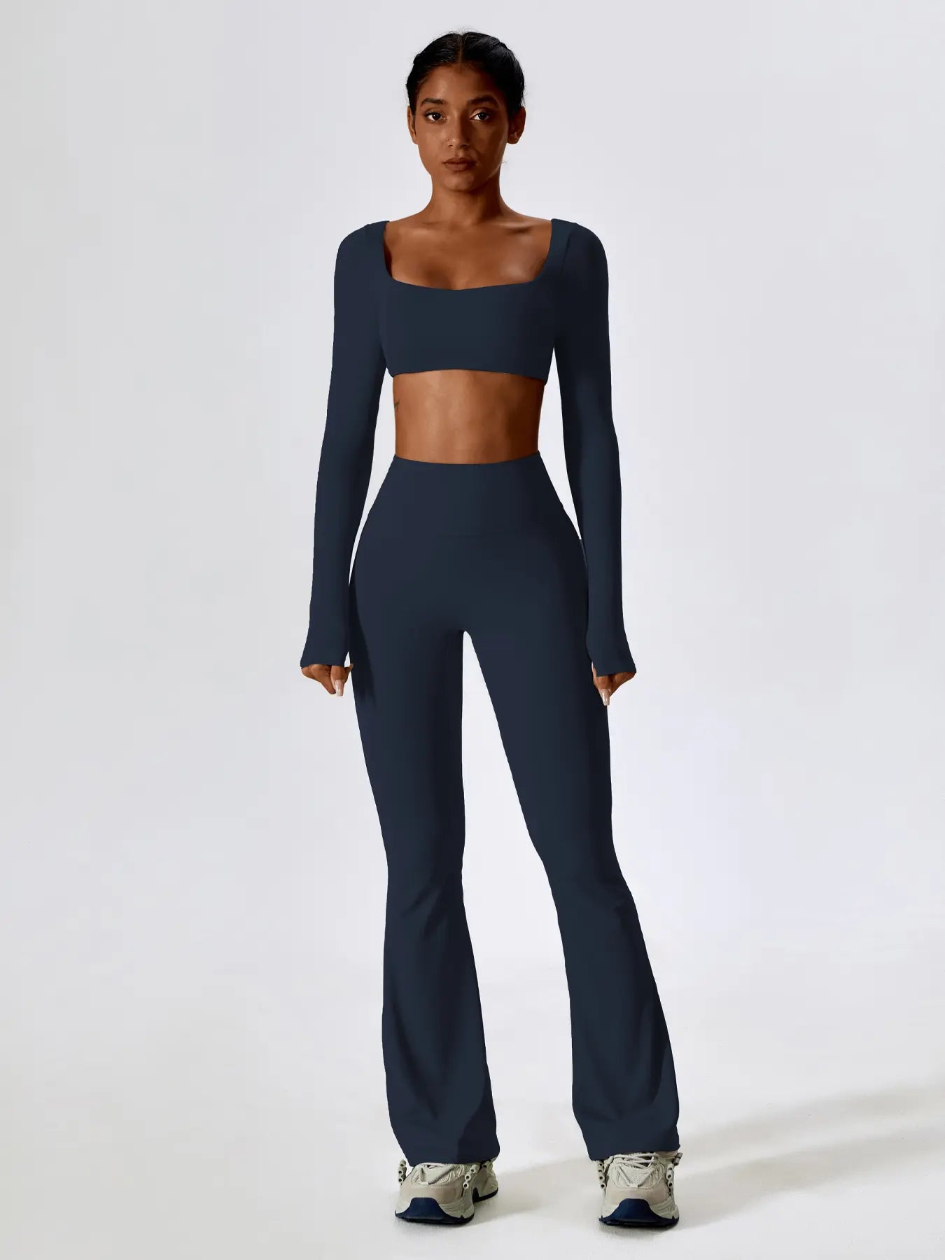 Women's Solid Square Neck Crop Top & High Waist Flare Leg Pants Tracksuit Set, Sporty Comfy…