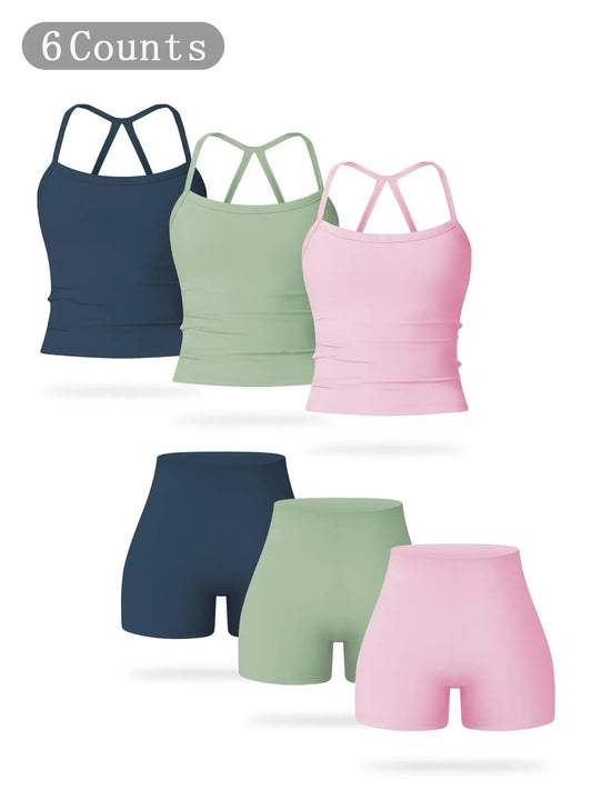 Women's Solid Backless Sports Cami Top & High Waist Shorts Sportswear Set, Comfy Breathable Tummy… - image 2