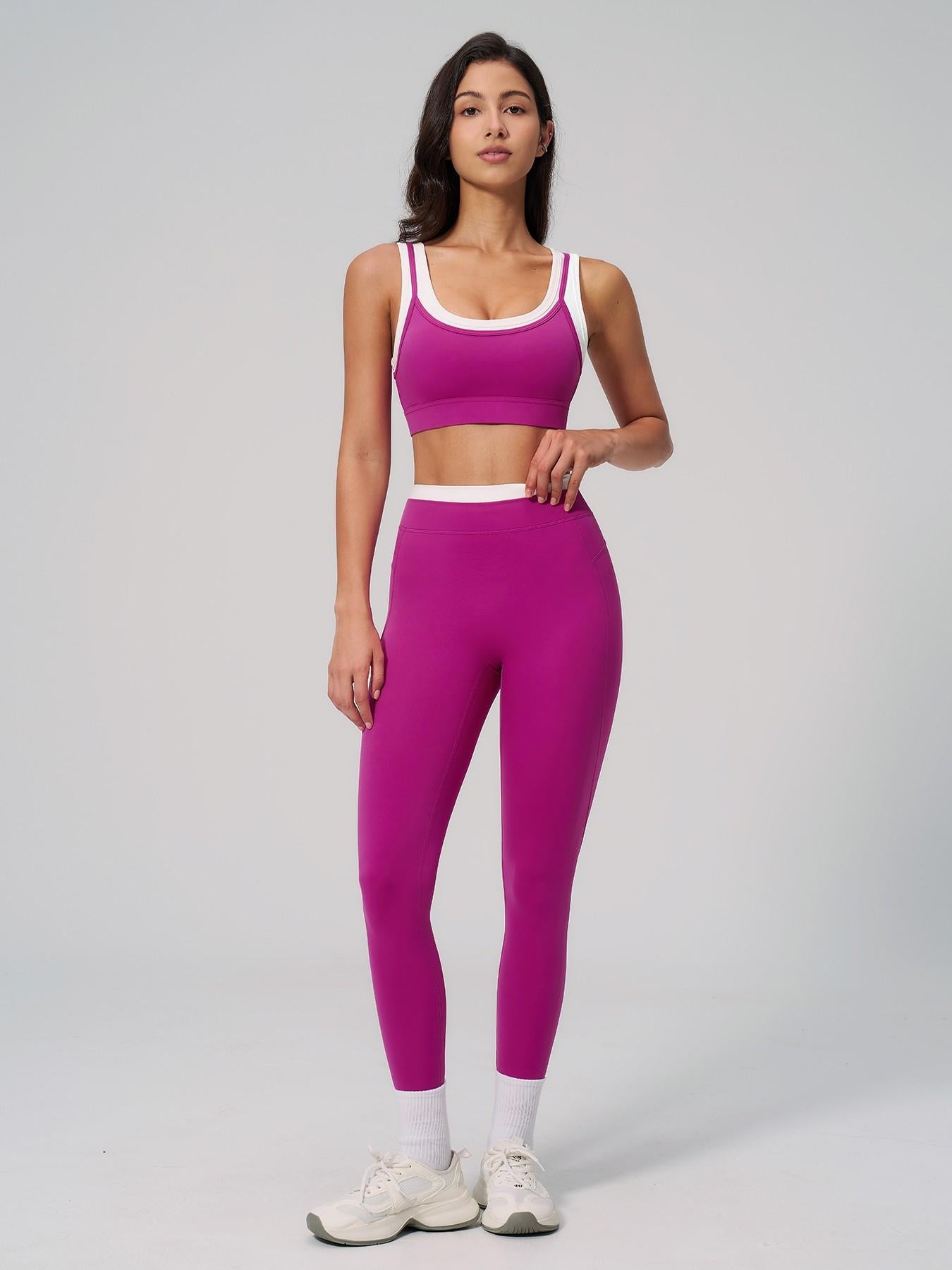 Women's Two-Piece Colorblock Yoga Set, High-Waisted Ribbed Casual Fitness Sportswear - image 13
