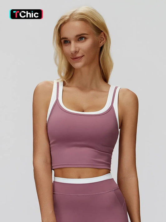 Cross-Border Two-Piece Separated Vest Colorblock Nude Feel Fashion Casual Top Running Sporty Bra,…
