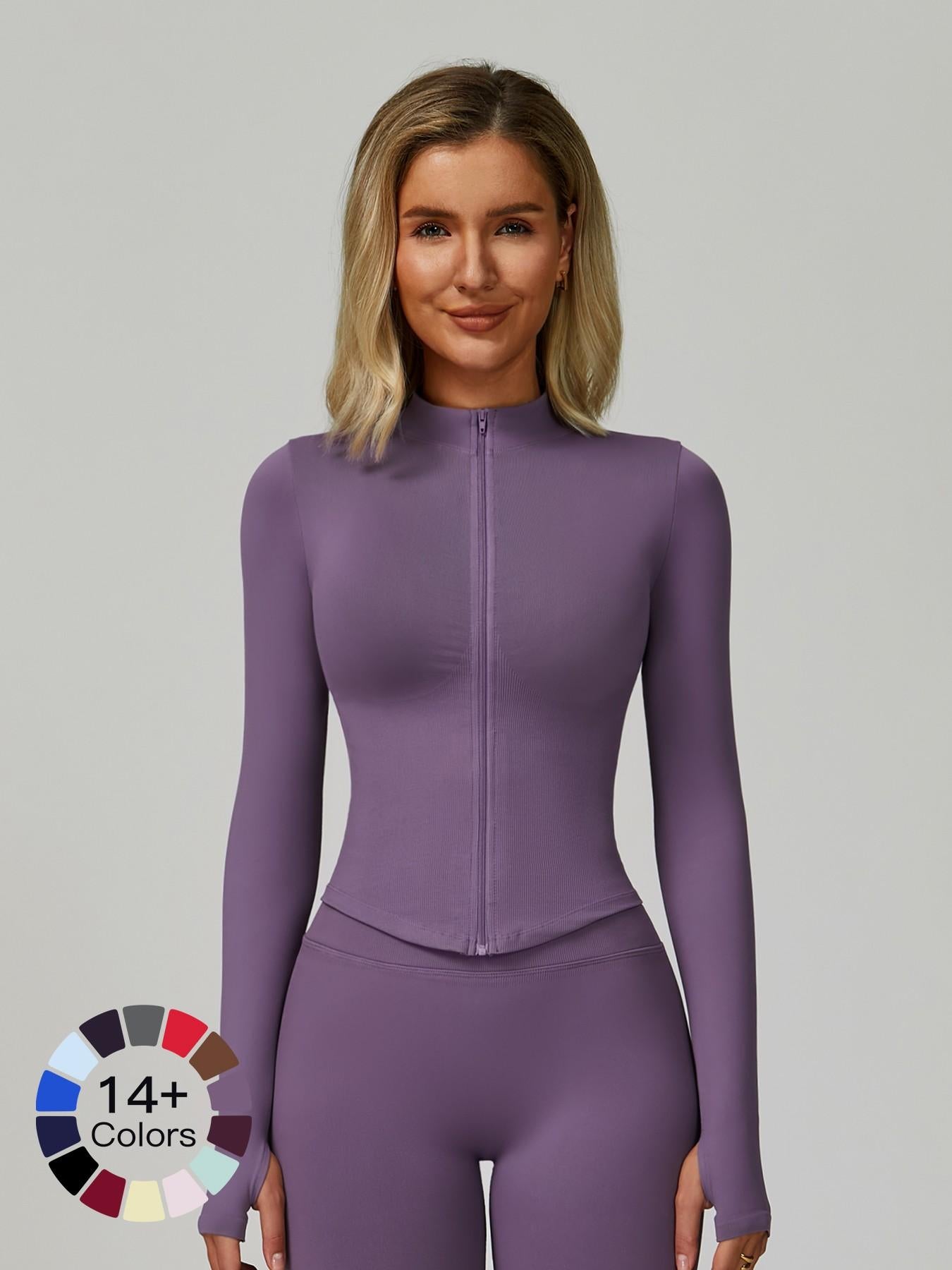 Women's Stand Collar Zipper Long Sleeve Yoga Jacket, Tight Fit Quick-Dry Yoga Wear - image 26