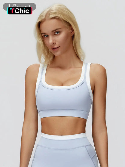 Cross-Border Nude Feel Fake Two-Piece Sports Bra, Ribbed Colorblock Yoga Bra