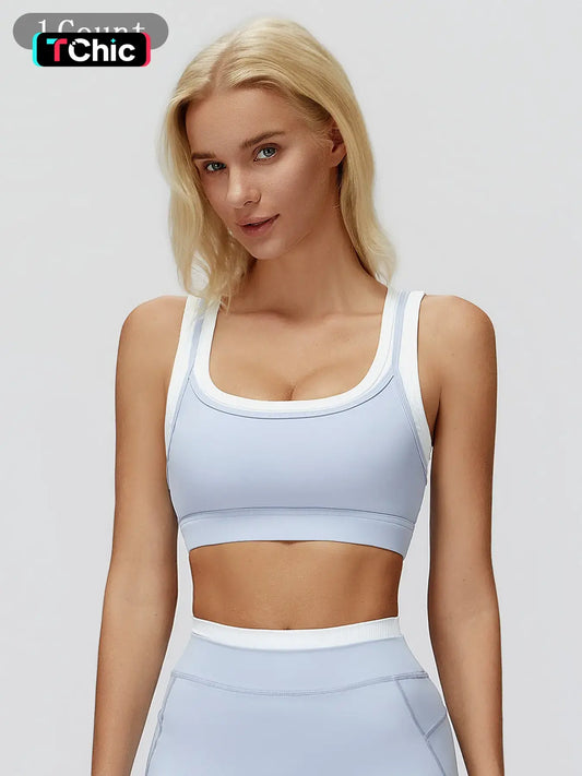 Cross-Border Nude Feel Fake Two-Piece Sports Bra, Ribbed Colorblock Yoga Bra