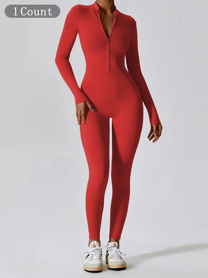 Women's Solid Zip Up Long Sleeve Sports Jumpsuit