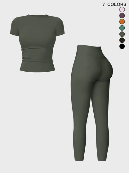 Women's Plain Round Neck Crop Tee & High Waist Leggings Tracksuit Set, Activewear Set
