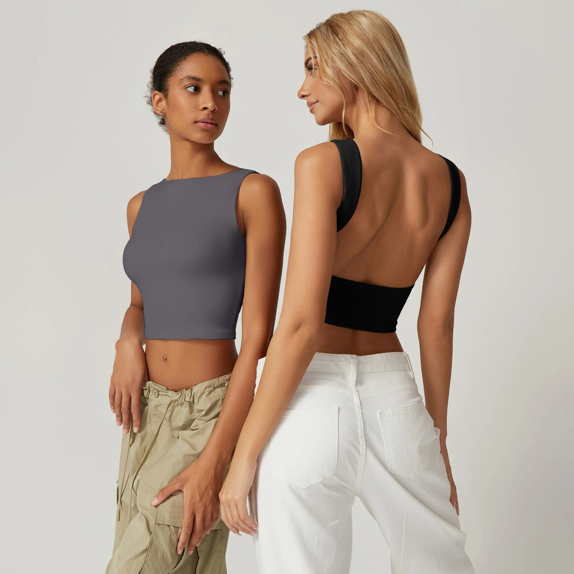QINSEN Women's Sexy Open Back Sleeveless Crop Tank High Neck Slim Fit Cropped Tee Shirt…