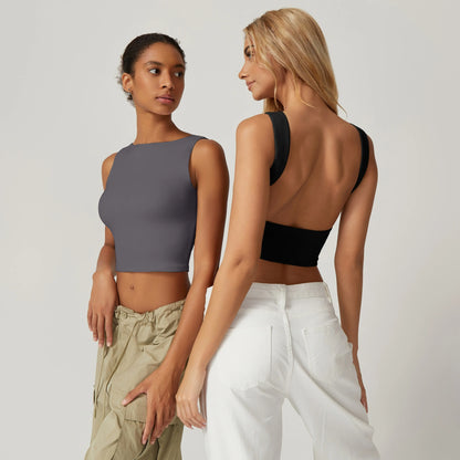 QINSEN Women's Sexy Open Back Sleeveless Crop Tank High Neck Slim Fit Cropped Tee Shirt…