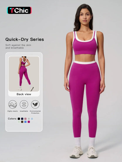 Women's Two-Piece Colorblock Yoga Set, High-Waisted Ribbed Casual Fitness Sportswear