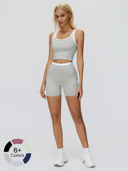 Women's Two-Piece Versatile Colorblock Yoga Set, High-Waisted Ribbed Casual Sportswear for Gym