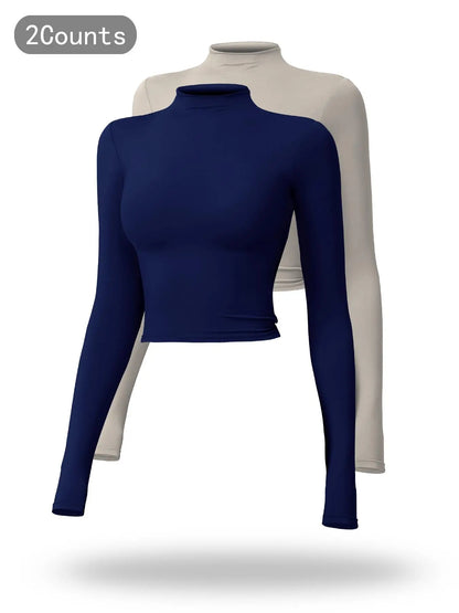 Women's Solid Mock Neck Sports Tee, Quick-Dry Breathable Long Sleeve T-Shirt for Yoga
